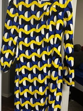 London Times Abstract Geo-Print Long Sleeve Dress in Yellow, Blue, Black & White